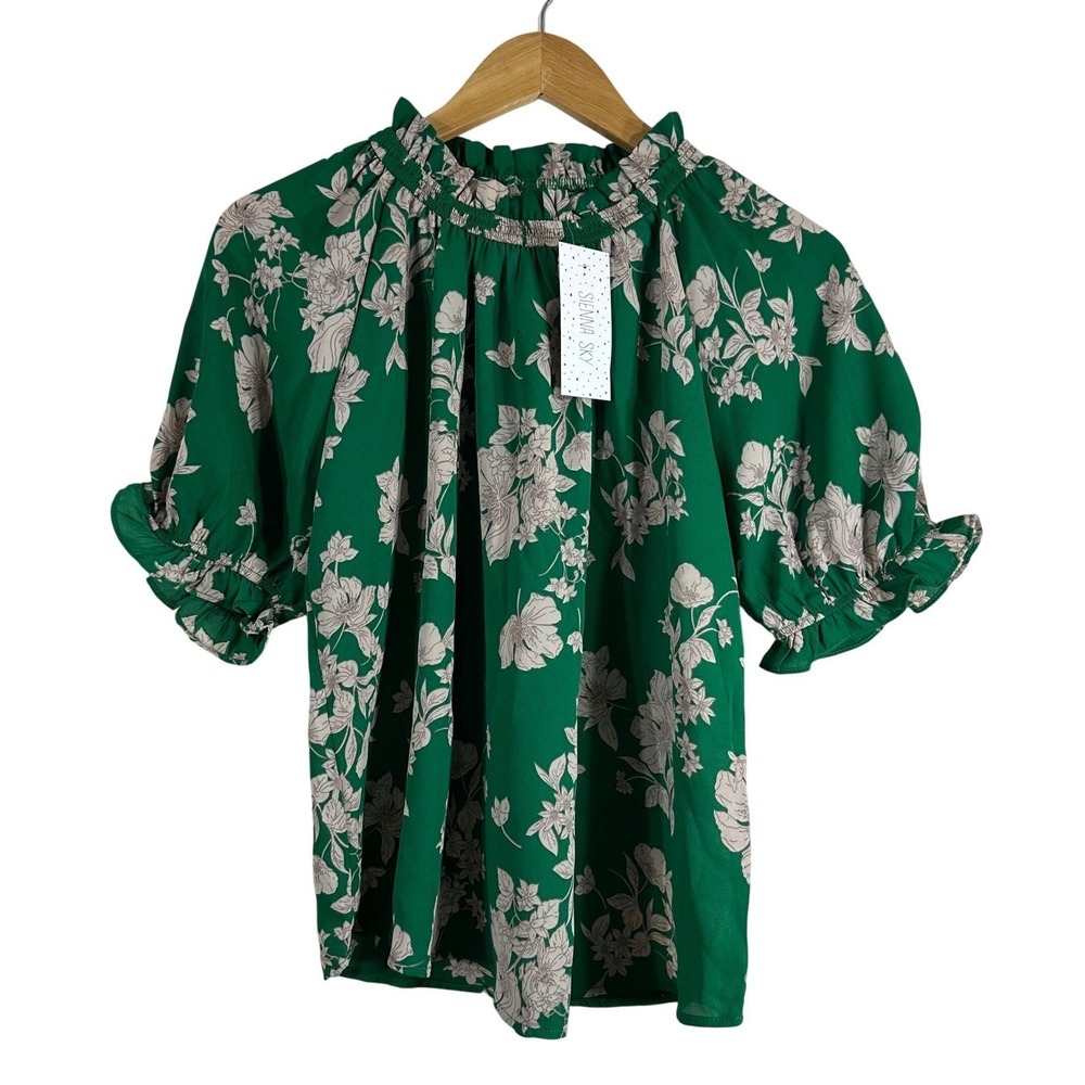 Sienna Sky Womens Green Floral Smocked Mock Neck Puff Sleeve Blouse Size XS